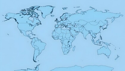 Fototapeta premium A world map showing the continents and major landmasses in shades of blue
