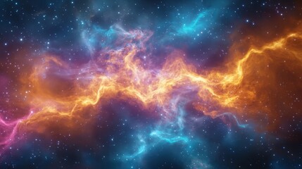 Nebulae clouds twisting into abstract shapes, creating a dynamic galaxy with shifting colors and light