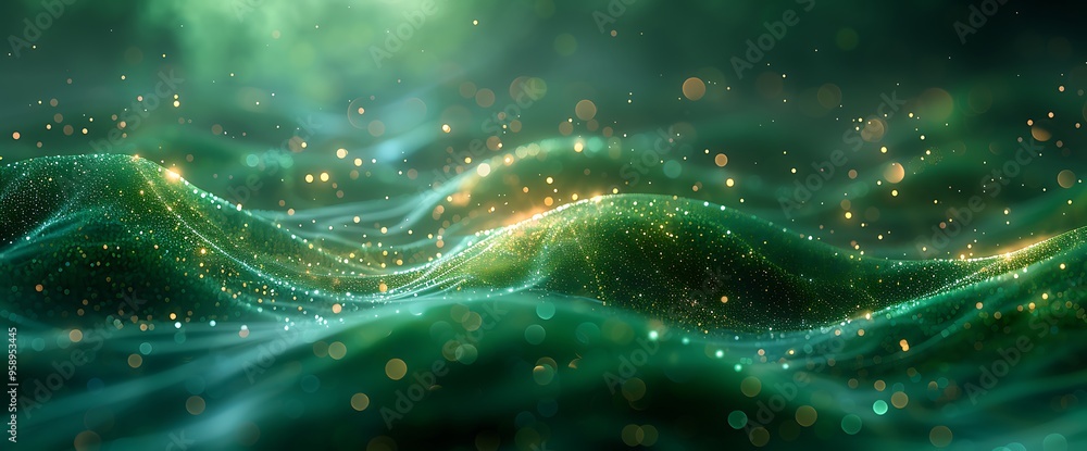 Poster abstract green background with glowing particles and bokeh lights.