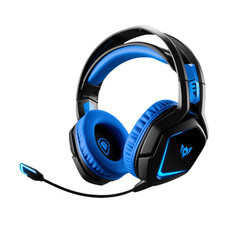High-quality gaming headset in black with vibrant blue accents, hexagonal ear cups, glowing outline, adjustable headband, and flexible microphone, generative ai