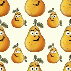 Fun and whimsical cartoon pears with smiling faces on a light background pattern