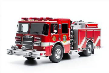 Red fire truck isolated on white background, Fire extinguish truck with water container.