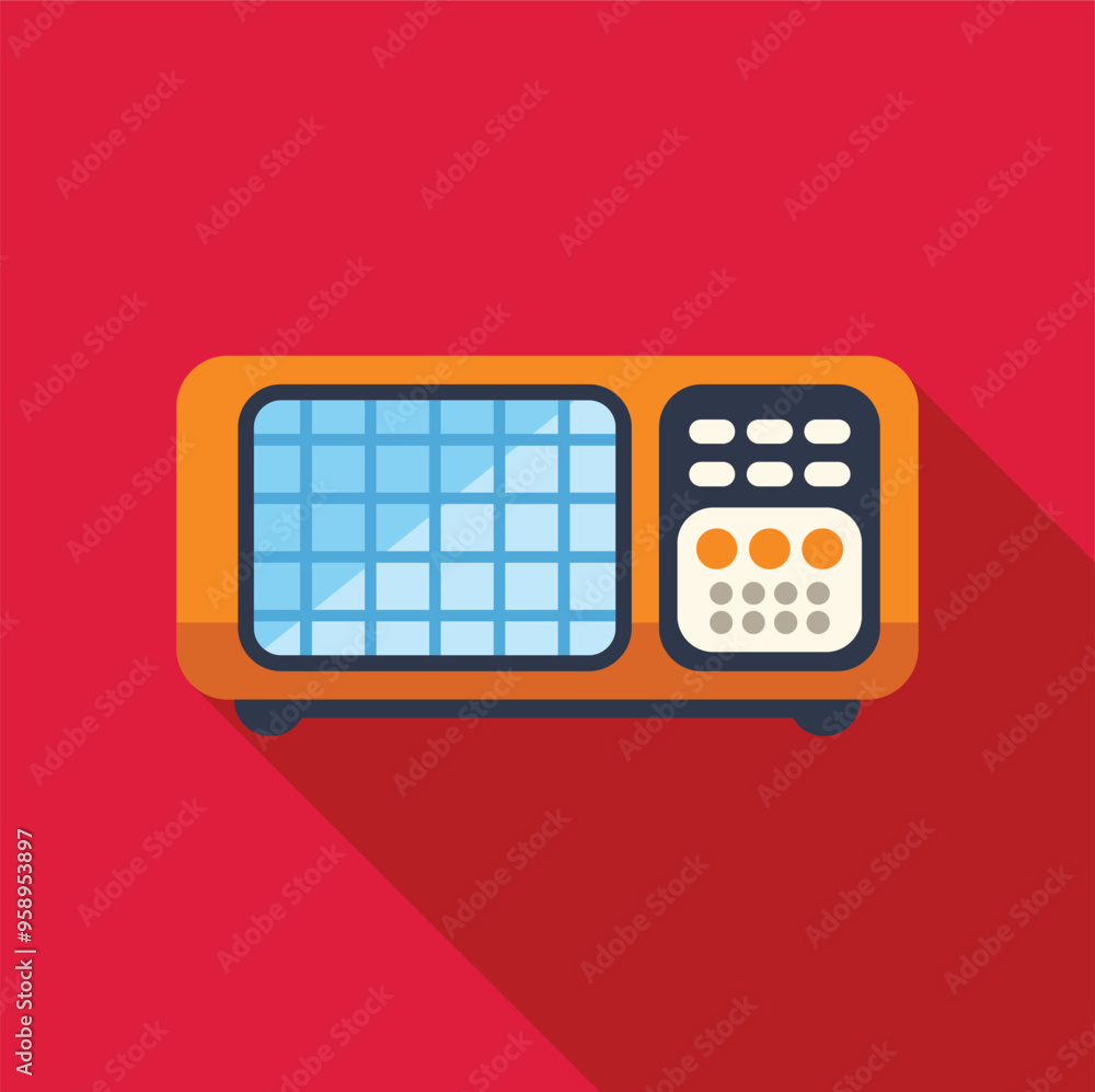 Poster vintage orange radio receiver with buttons and grid on a red background with a long shadow