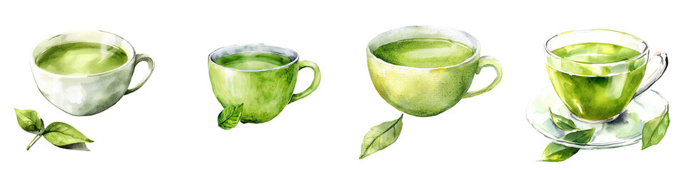 A collection of stylish green tea cups, showcasing different sizes and designs, perfect for tea lovers and culinary art enthusiasts.