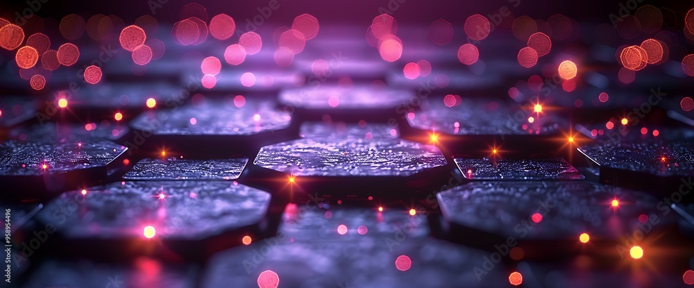Poster close-up of glowing hexagonal tiles with bokeh lights.
