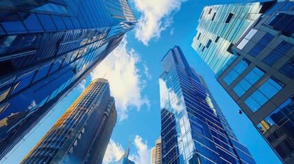 Fototapeta premium Looking up at a row of modern skyscrapers against a bright blue sky.
