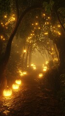 Enchanted Forest Trail at Night with Glowing Pumpkins and Ghostly Figures Amidst the Fog