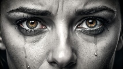 Naklejka premium A solitary, tearful face with eyes cast downward, eyebrows furrowed in distress, conveying a sense of sadness,