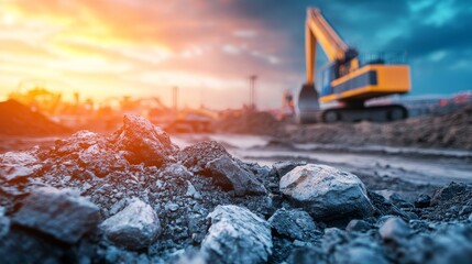 A construction site at sunset with heavy machinery and rocky terrain.