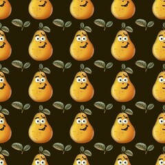 Cheerful pattern of smiling pears surrounded by leaves on a dark background