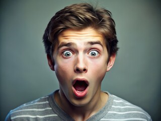 A stunned young adult with a mix of fear and surprise, eyes wide and mouth agape, reaction to