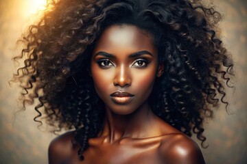 Fototapeta premium A stunning woman with luminous dark skin and vibrant, curly black hair poses confidently against a soft, natural-light
