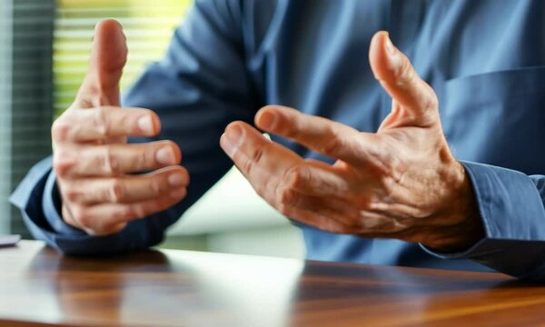 Expressive hand gestures in a business conversation, conveying communication