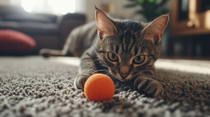 A cat playing with a small rubber ball on a carpet in a cozy living room.