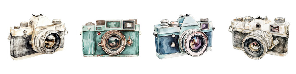 A collection of vintage cameras showcasing unique designs and colors, perfect for photography enthusiasts and art lovers.