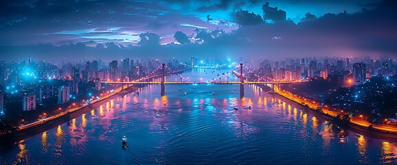 Fototapeta premium An aerial view of a city at night, with two bridges over a river and glowing lights reflected in the water.