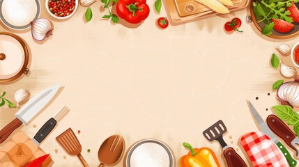 Flat lay of fresh vegetables, spices, and kitchen utensils on a beige background, leaving space for text.