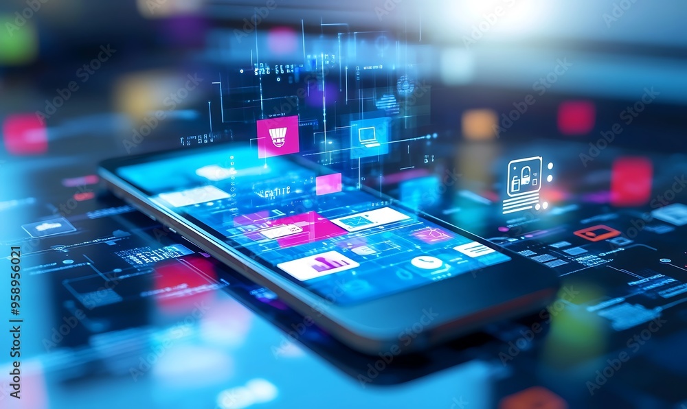 Poster smartphone displaying digital data and icons