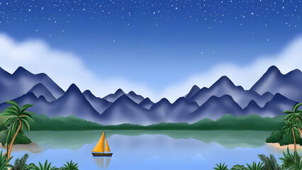 Serene Nighttime Lake Landscape Digital Illustration with Sailboat, Palm Trees, and Starry Sky
