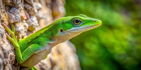 Fototapeta premium A vibrant green anole lizard clings to a worn, weathered stone wall, its tiny claws gripping tightly as