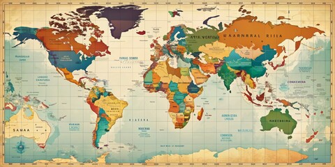 Naklejka premium A vibrantly colored, detailed world map with bold country boundaries and labels, perfect for educational, travel, or