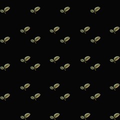 Repeated pattern of small green leaves on a black background creating a nature-inspired design