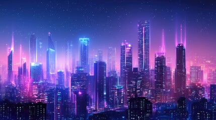Fototapeta premium Modern urban skyline with neon lights and digital effects, showcasing a panoramic, high-tech cityscape for futuristic technology and science concepts.