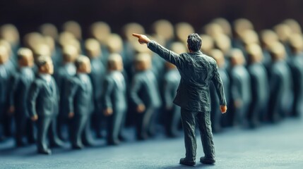 A leader inspiring tiny figures at an evening conference