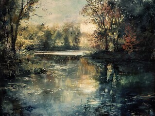 Fototapeta premium A serene, sun-dappled lake surrounded by lush trees and a tranquil atmosphere.