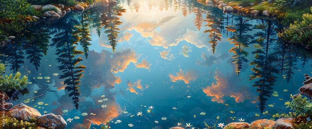 Aufkleber reflection of trees and clouds in a still lake.