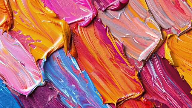 Close-up seamless pattern of thick, expressive oil paint strokes in a random multicolored design, showing the vivid detail and texture of the palette knife technique.