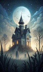 Fototapeta premium A grainy, faded illustration of a haunted mansion with broken windows, surrounded by overgrown plants and a full moon in the background. 