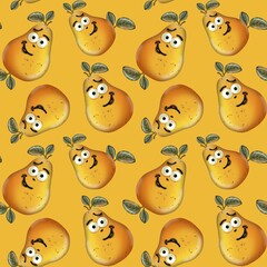 Colorful cartoon pears with expressive faces on a vibrant yellow background