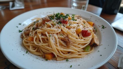 Delicious plate of pasta topped with fresh herbs, vegetables, and grated cheese, served in a cozy dining setting.