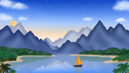 Serene Panoramic Lake Landscape Digital Illustration with Sailboat and Mountain Sunset