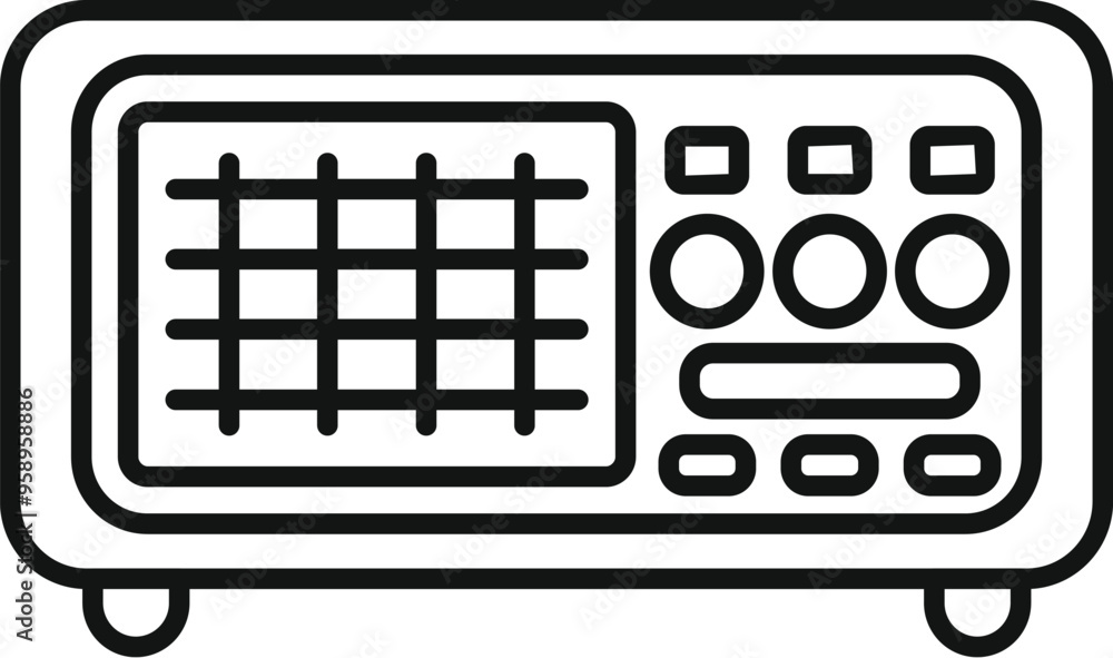 Poster simple line vector icon of a vintage radio receiver with buttons and antenna, evoking nostalgia for 