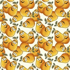 Obraz premium Whimsical pattern featuring cheerful cartoon pears with smiling faces on a light background