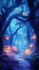 Obraz premium Enchanted Forest Trail at Night with Glowing Pumpkins and Ghostly Figures Amidst the Fog