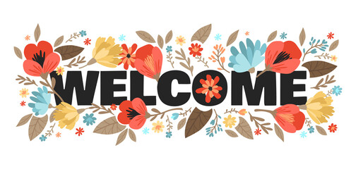 Welcome banner with flowers. PNG flat illustration isolated on a transparent background.