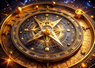 Fototapeta premium An ornate, golden compass with a square and rules, surrounded by celestial bodies, cryptic symbols, and mystical