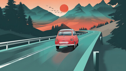 Retro Red Van on Winding Mountain Road - Digital Illustration with Sunset and Silhouetted Trees