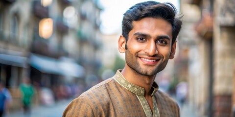 Fototapeta premium Attractive smiling Indian male model with short black hair and bright brown eyes wearing a traditional kurta and