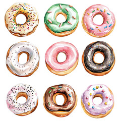 A vibrant collection of colorful donuts, perfect for sweet-themed designs and food-related projects. Each donut is uniquely styled.