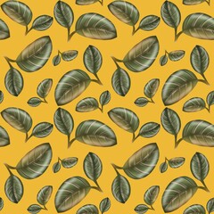 A vibrant pattern of green leaves on a bright yellow background showcasing nature’s beauty