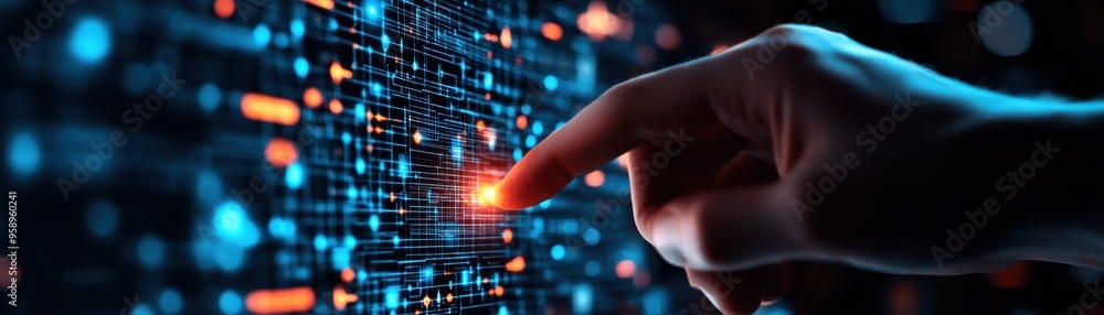 Poster a close-up of a hand interacting with a digital interface, showcasing glowing data points and vibran