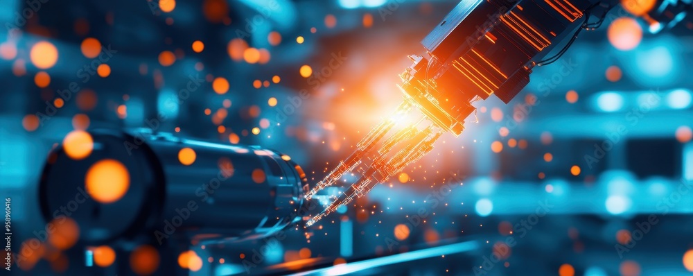 Poster a close-up of a robotic arm in action, showcasing sparks and intricate technology in a futuristic in