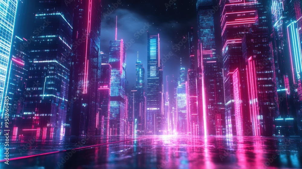 Aufkleber panoramic view of a neon-illuminated cityscape featuring advanced urban architecture and high-tech d