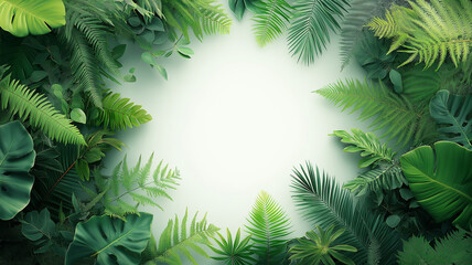 frame created with various green leaves on a clean white background