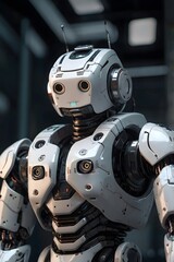 Fototapeta premium A white robot stands in modern sleek background.