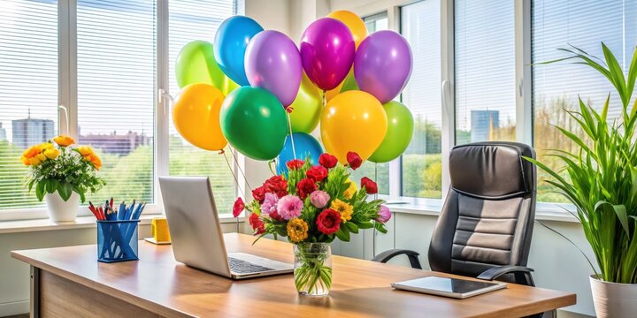 Colorful balloons and flowers surround a smiling executive's desk, conveying appreciation and gratitude in a festive